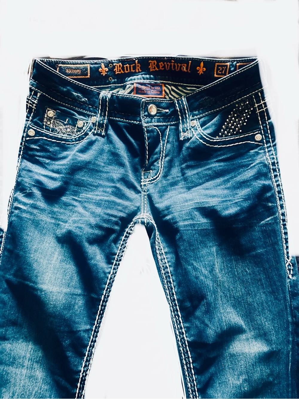 Women’s Rock Revival Blue Jeans with Contrast Stitching and Stud Accents